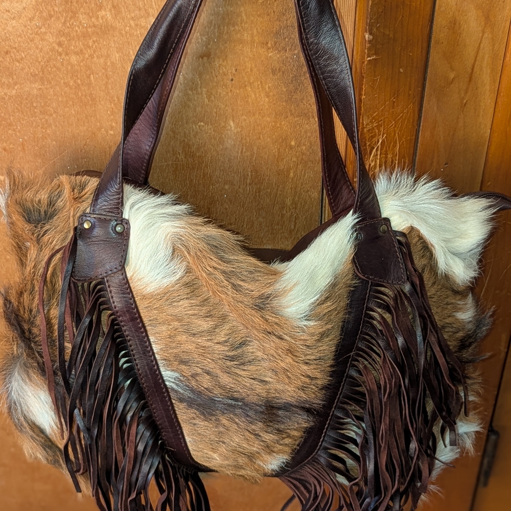 Brown and White Fringe Leather Bag